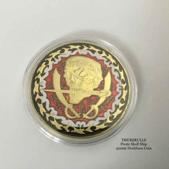 Pirate Skull Ship Enamel Doubloon Coin in Glass Locket & Custom Wheat Link Chain - Picture 6 of 10